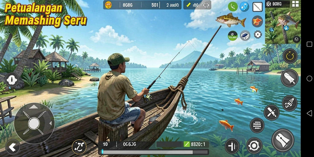 Screenshot gameplay menunjukkan aksi memancing yang seru di <strong>8G8G</strong>.