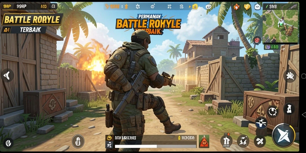 Tangkapan layar utama menunjukkan aksi seru dalam gameplay Battle Royale.