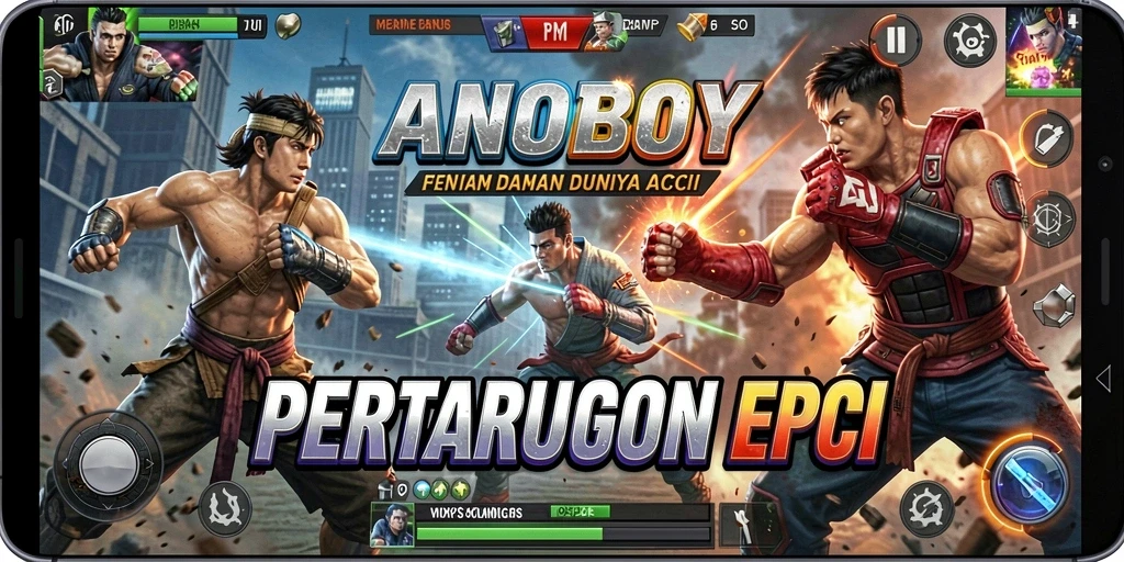Screenshot ANOBOY yang menunjukkan aksi pertarungan yang mendebarkan.