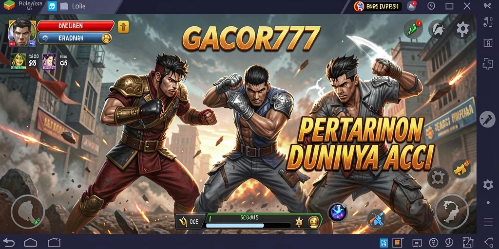 Screenshot utama GACOR777 menampilkan pertarungan antar karakter dengan efek visual yang menakjubkan.