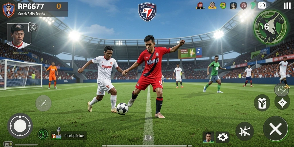 Screenshot utama menampilkan aksi seru di lapangan sepak bola.
