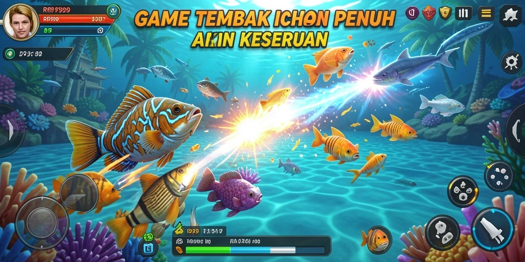 Screenshot gameplay RR999 menampilkan aksi menembak ikan yang seru.