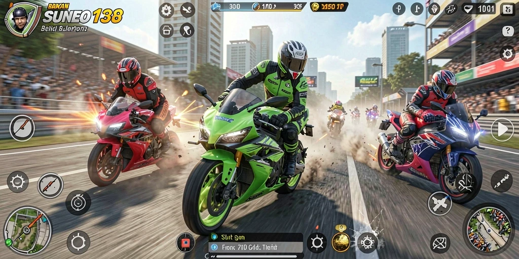 Tampilan gameplay seru SUNEO138 dengan aksi balapan motor.