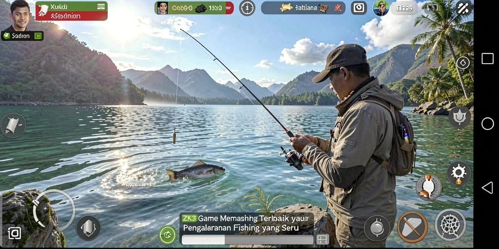 Screenshot ZK3 menampilkan momen seru saat memancing di lautan.